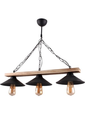 3'lü Ahşap Şapkalı Sıralı Salon Avizesi, Siyah Renkli, Modern ve Şık Tasarım