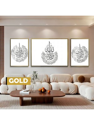 Harikabirev|soft Gri Ihlas/nas/felak Dini Model|çerçeveli Temperli Cam Tablo 3lü Yatay