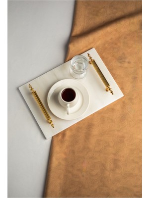 Mermer Damat Kahvesi Tepsisi ve Fincan Takımı, Metal Kulp, Şık ve Zarif Tasarım