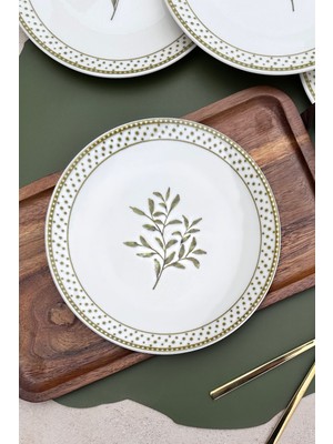 Yeşil Zeytindalı Desenli 6 Kişilik Porselen Pasta Tabağı Takımı