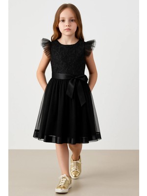 Kız Çocuk Elbise Siyah Elbise Tüllü Pul Işlemeli Abiye Elbise Rahat ve Şık Doğum Günü Elbise 4-8 Yaş