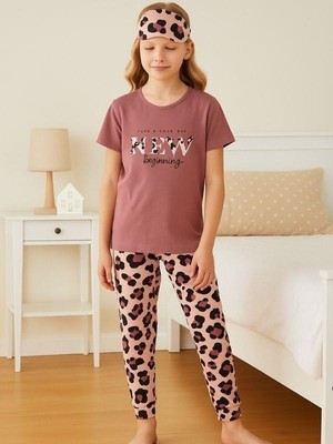 Kız Çocuk Pamuklu Kısa Kol Leopar Desenli Pijama Takım(Uyku Bandı Dahil)