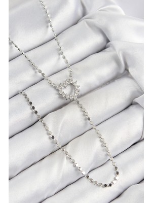 Pirinç Zirkon Taşlı Ezme Zincirli Kalp Model Gümüş Renk Y Kolye