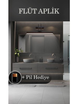Pilli Mat Siyah Flüt Aplik Banyo Ayna Üstü LED Işık 6500K