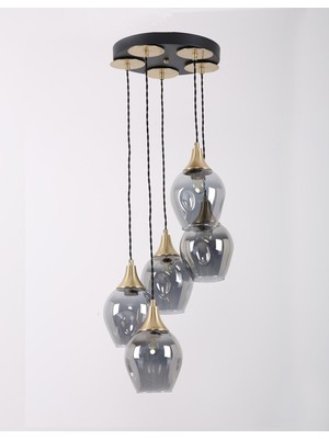 5'li Siyah Gold Füme Camlı Sarkıt Avize, Şık ve Modern Dekoratif Aydınlatma