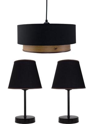 Şık Siyah-Ahşap Üçlü Avize ve Abajur Seti, Modern ve Zarif Tasarım