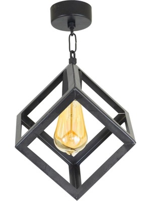 Rustik Retro Geometrik Metal Küp Plafonyer Siyah Avize