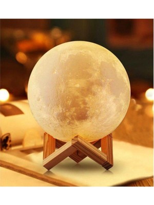 3D Ay Görünümlü Gece Lambası ve Stand, 15 Cm, Sarı, Dekoratif Işık