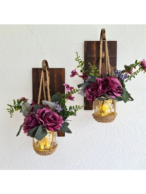 Mor Gül Çiçekli LED Aplik Ikili Set, Dekoratif ve Şık Tasarım