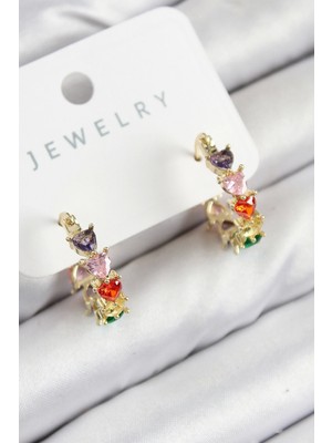 Pirinç Zirkon Taşlı Kalp Model Gold Renk Kadın Küpe