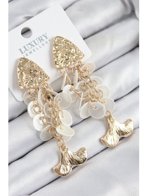 Pirinç Sallantılı Sedefli Balık Model Gold Renk Kadın Küpe