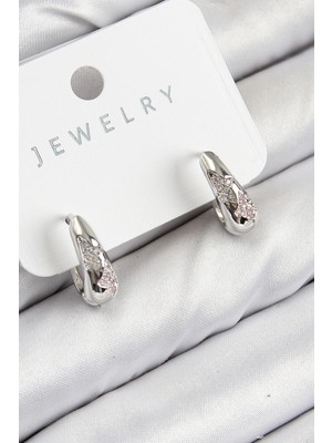 Pirinç Zirkon Taş Desenli Model Gümüş Renk Kadın Küpe