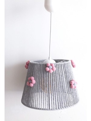 Gri Makrome Ip Sargı ve Pembe Çiçek Ponponlu Çocuk Odası Avizesi