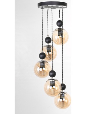 5'li Siyah Krom Bal Camlı Sarkıt Avize, Şık ve Modern Aydınlatma Seçeneği