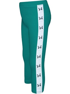 Koyu Yeşil Kız Çocuk Şardonlu Yanda Panda Baskılı Tayt