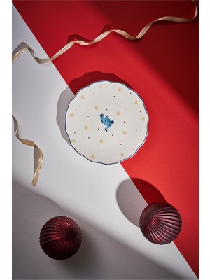 Lacivert 2'li 20.5 cm Yeni Yıl Seramik Pasta Tabağı Seti