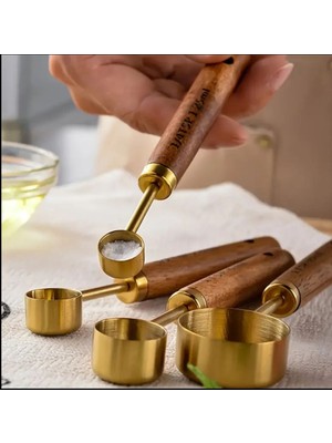 4 Adet Küçük Boy Gold Ahşap Saplı Ölçü Kaşığı Seti