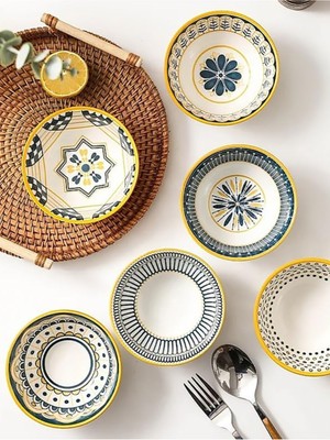 6'lı Renkli Desenli Porselen Kase Seti 320 Ml, Çorbalık, Kahvaltılık, Atıştırmalık, Kutulu