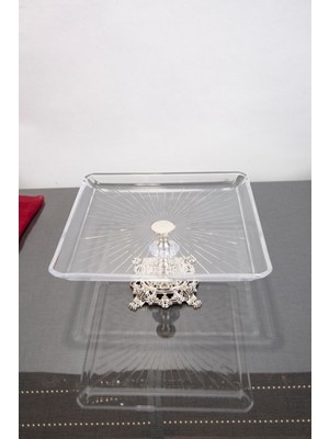 Gümüş Detaylı Kare Servis ve Sunum Tabağı, Metal Ayak, 24X24X14 cm