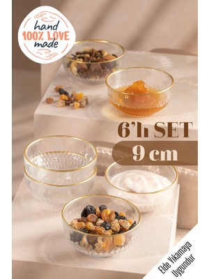 6 Parça Renkli Kristal Gold Çizgili Sunum ve Reçellik Kase Takımı