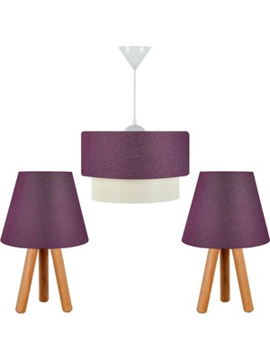 Mor Renkli Üçlü Oda Aydınlatma Seti, Avize ve Ahşap Abajur Şık Tasarım