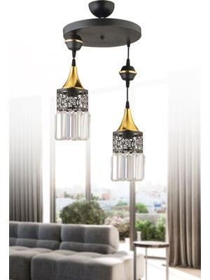 Şık Siyah ve Sarı Kristal Taşlı Sarkıt Avize Çift Set