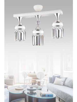 Şık 3'lü Beyaz Kristal Taşlı Krom Silindir Avize, Modern ve Lüks Tasarım