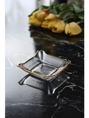 Altı Parçalı Gold Yaldızlı Kare Cam Sunum Seti, Çerezlik, Sosluk ve Reçellik