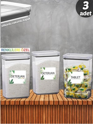 3'lü Beyaz Deterjan ve Tablet Saklama Kutusu, Vakum Kapaklı, Dekoratif Dikdörtgen