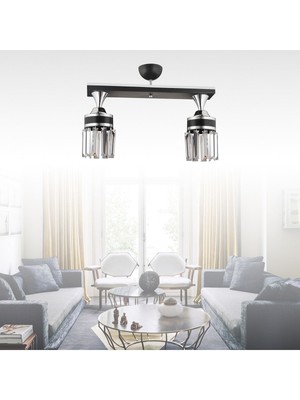 Şık Siyah Kristal ve Krom Plafonyer Çiftli Lüks Avize