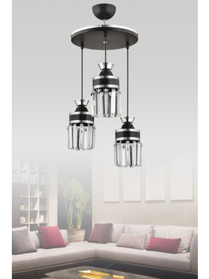 Şık Siyah Kristal Taşlı Silindir Sarkıt Avize, Lüks ve Modern Tasarım