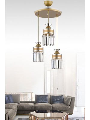 Şık 3'lü Eskitme Sarkıt Kristal Taşlı Krom Şeritli Silindir Avize