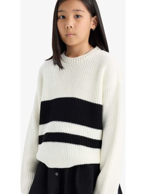 DeFacto Standart Fit Bisiklet Yaka Çizgili Triko Kazak Kız Çocuk E7735A825AU