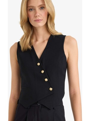 DeFacto Regular Fit V Yaka Çapraz Düğmeli Tencel Blazer Yelek D4568AX25AU