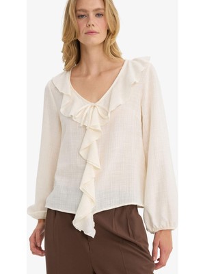 DeFacto Regular Fit V Yaka Volanlı Pamuklu Uzun Kollu Bluz F9895AX25AU