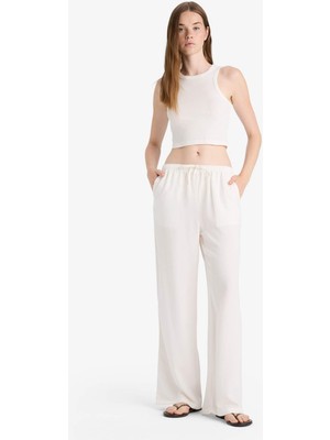 DeFacto Wide Leg Cepli Yüksek Bel Standart Boy Keten Karışımlı Pantolon F5024AX25AU