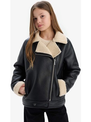 DeFacto Su İtici Ceket Yaka Pelüş Astar Suni Deri Ceket Mont Kız Çocuk C4978A825AU