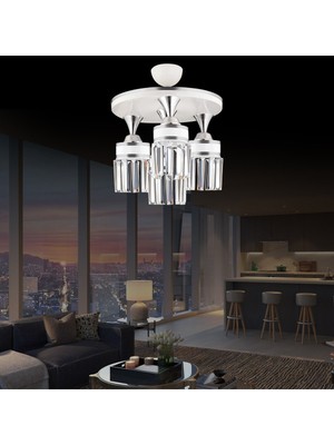 Şık 4'lü Beyaz Kristal Plafonyer, Krom Detaylı Silindir Lüks Avize