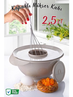 Kapaklı 2,5 Litre Sıçratmaz Mikser Kabı, Gri Renk