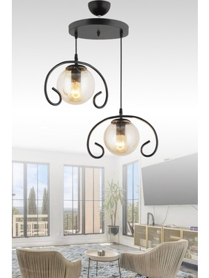 Şık Siyah Sarkıt Tepsi Çiftli Menekşe Bal Top Camlı Avize