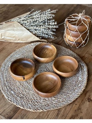 El Yapımı Kahverengi 4'lü Akasya Ağacı Yuvarlak Çerezlik Kase Seti