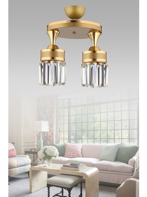 Şık 2'li Eskitme Kristal Plafonyer Sarı Şeritli Silindir Lüks Avize