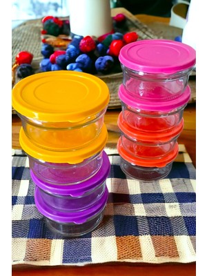 Renkli Cam Saklama Kabı 8'li, 400 Cc, Kahvaltılık ve Reçellik Seti