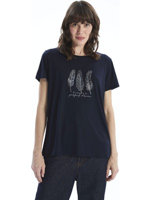 Lcwaıkıkı Classic Lacivert Bisiklet Yaka Baskılı Kadın Tişört