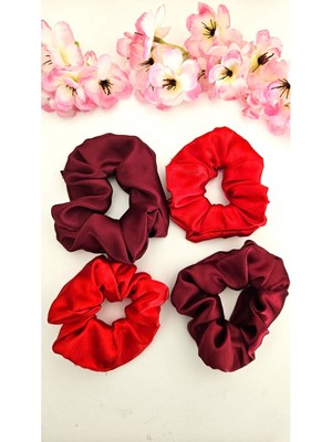 Kına ve Nişan Düğün Için Lastikli Simit Kırmızı ve Bordo Saten 4lü Scrunchie Saç Toka Seti