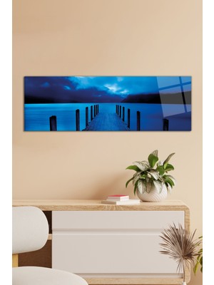 Gece Mavisi Ahşap Rıhtım Panoramik Cam Tablo, Modern Ev ve Ofis Dekor, Hediyelik Duvar Dekorasyonu