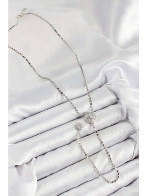 Pirinç Zirkon Taşlı Ezme Zincirli Madalyon Model Gümüş Renk Y Kolye - Bamido