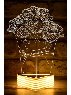 3D Gül Görünümlü Doğum Günü Mesajlı Sarı LED Lamba, Şık ve Özel Tasarım