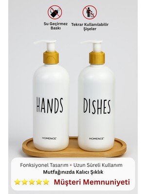 Homence Bambu Standlı 2'li Sıvı Sabun Bulaşık Deterjanı Baskılı, Pompalı Plastik Şişe, Beyaz Bambu 500 ml