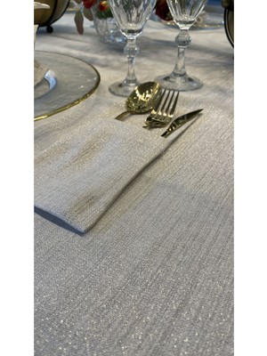 Keten Dokulu, Simli ve Şık Ekru Kaşıklık Seti, 6 Parça, Zarif Ev Dekoru.